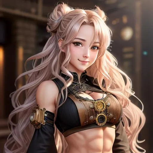 Prompt: extremely realistic, hyperdetailed, steampunk theme, extremely long white wavy hair in a messy bun anime girl, blushing, smiling happily, wears steampunk clothing, toned body, showing abs midriff, highly detailed face, highly detailed eyes, full body, whole body visible, full character visible, soft lighting, high definition, ultra realistic, 2D drawing, 8K, digital art
