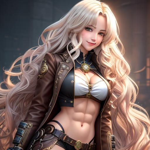 Prompt: extremely realistic, hyperdetailed, steampunk theme, extremely long white wavy hair anime girl, blushing, smiling happily, wears steampunk clothing, toned body, showing abs midriff, highly detailed face, highly detailed eyes, full body, whole body visible, full character visible, soft lighting, high definition, ultra realistic, 2D drawing, 8K, digital art