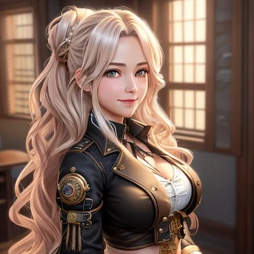 Prompt: extremely realistic, hyperdetailed, steampunk theme, extremely long white wavy hair in a messy bun anime girl, blushing, smiling happily, wears steampunk clothing, toned body, showing abs midriff, highly detailed face, highly detailed eyes, full body, whole body visible, full character visible, soft lighting, high definition, ultra realistic, 2D drawing, 8K, digital art