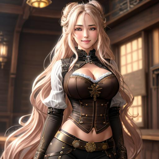 Prompt: extremely realistic, hyperdetailed, steampunk theme, extremely long white wavy hair in a messy bun anime girl, blushing, smiling happily, wears steampunk clothing, toned body, showing abs midriff, highly detailed face, highly detailed eyes, full body, whole body visible, full character visible, soft lighting, high definition, ultra realistic, 2D drawing, 8K, digital art