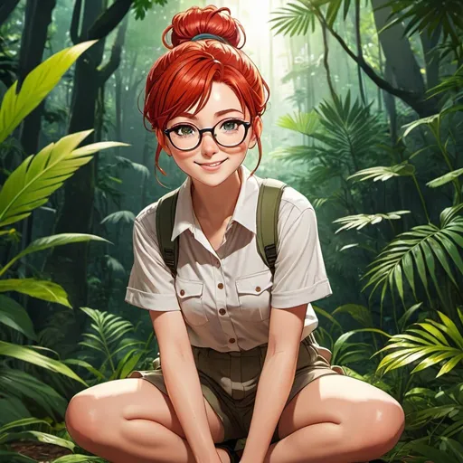 Prompt: flat 2D anime style, red hair in a messy bun anime explorer, wearing glasses, face full of freckles, kneeling in a jungle, smiling happily, highly detailed face, highly detailed eyes, full body, whole body visible, full character visible, soft lighting, high definition, flat color 2D anime style drawing, 8K, digital art