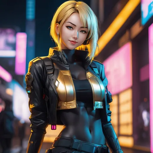 Prompt: extremely realistic, hyperdetailed, cyberpunk theme, golden blonde anime girl, blushing, smiling happily, wears cyberpunk clothing, toned body, showing abs midriff, full body tattoo, highly detailed face, highly detailed eyes, full body, whole body visible, full character visible, soft lighting, high definition, ultra realistic, 2D drawing, 8K, digital art