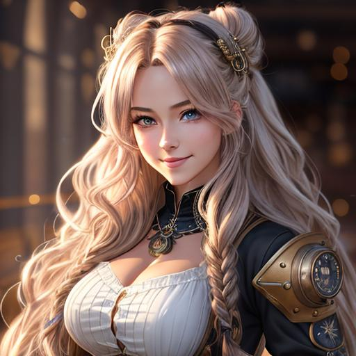 Prompt: extremely realistic, hyperdetailed, steampunk theme, extremely long white wavy hair in a messy bun anime girl, blushing, smiling happily, wears steampunk clothing, toned body, showing abs midriff, highly detailed face, highly detailed eyes, full body, whole body visible, full character visible, soft lighting, high definition, ultra realistic, 2D drawing, 8K, digital art