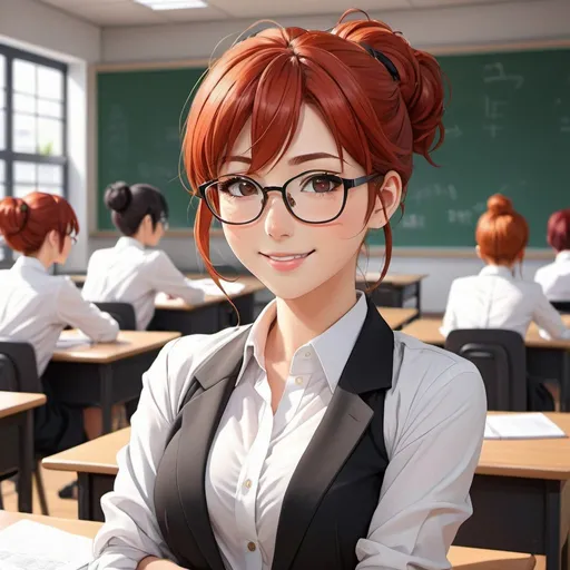 Prompt: flat 2D anime style, red hair in a messy bun, adult anime woman, wearing white button-ups and black blazer, wearing glasses, face full of freckles, teaching in front of the classroom, looking back, smiling happily, highly detailed face, highly detailed eyes, full body, whole body visible, full character visible, captured from behind, soft lighting, high definition, flat color 2D anime style drawing, 8K, digital art