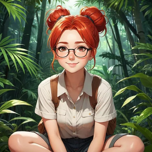 Prompt: flat 2D anime style, red hair in a messy bun anime explorer, wearing glasses, face full of freckles, kneeling in a jungle, smiling happily, highly detailed face, highly detailed eyes, full body, whole body visible, full character visible, soft lighting, high definition, flat color 2D anime style drawing, 8K, digital art