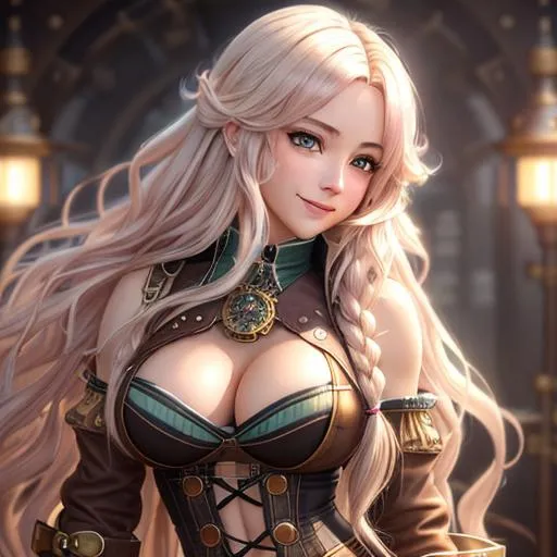 Prompt: extremely realistic, hyperdetailed, steampunk theme, extremely long white wavy hair anime girl, blushing, smiling happily, wears steampunk clothing, toned body, showing abs midriff, highly detailed face, highly detailed eyes, full body, whole body visible, full character visible, soft lighting, high definition, ultra realistic, 2D drawing, 8K, digital art