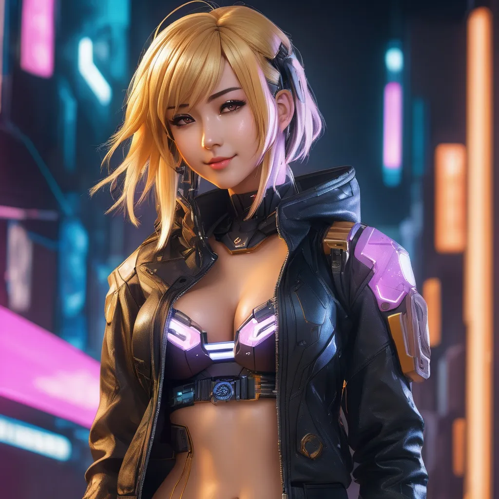 Prompt: extremely realistic, hyperdetailed, cyberpunk theme, golden blonde anime girl, blushing, smiling happily, wears cyberpunk clothing, toned body, showing abs midriff, highly detailed face, highly detailed eyes, full body, whole body visible, full character visible, soft lighting, high definition, ultra realistic, 2D drawing, 8K, digital art