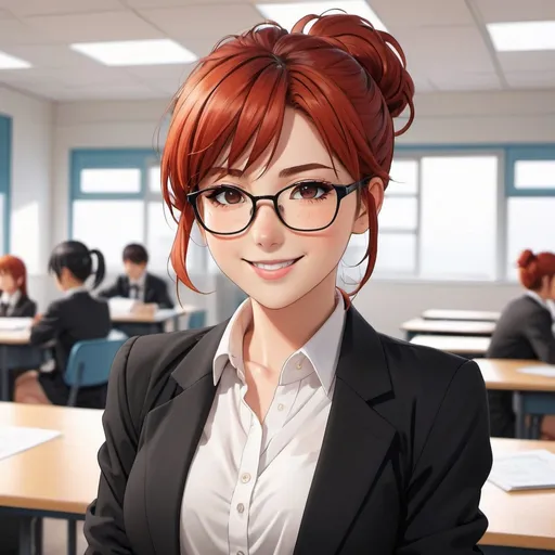 Prompt: flat 2D anime style, red hair in a messy bun, adult anime woman, wearing white button-ups and black blazer, wearing glasses, face full of freckles, teaching in front of the classroom, looking back, smiling happily, highly detailed face, highly detailed eyes, full body, whole body visible, full character visible, captured from behind, soft lighting, high definition, flat color 2D anime style drawing, 8K, digital art