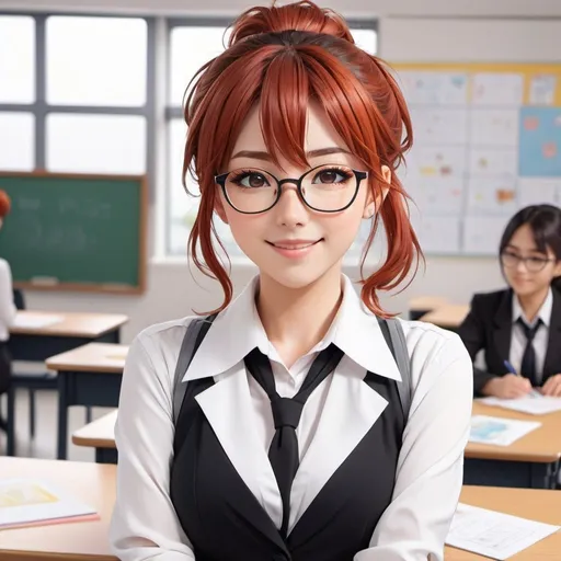 Prompt: flat 2D anime style, red hair in a messy bun, adult anime woman, wearing white button-ups and black blazer, wearing glasses, face full of freckles, teaching in front of the classroom, looking back, captured from behind, smiling happily, highly detailed face, highly detailed eyes, full body, whole body visible, full character visible, soft lighting, high definition, flat color 2D anime style drawing, 8K, digital art