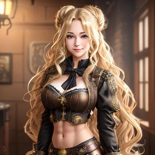 Prompt: extremely realistic, hyperdetailed, steampunk theme, extremely long blonde wavy hair in a messy bun anime girl, blushing, smiling happily, wears steampunk clothing, toned body, showing abs midriff, highly detailed face, highly detailed eyes, full body, whole body visible, full character visible, soft lighting, high definition, ultra realistic, 2D drawing, 8K, digital art