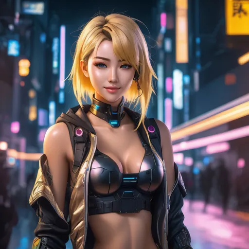 Prompt: extremely realistic, hyperdetailed, cyberpunk theme, golden blonde anime girl, blushing, smiling happily, wears cyberpunk clothing, toned body, showing abs midriff, highly detailed face, highly detailed eyes, full body, whole body visible, full character visible, soft lighting, high definition, ultra realistic, 2D drawing, 8K, digital art