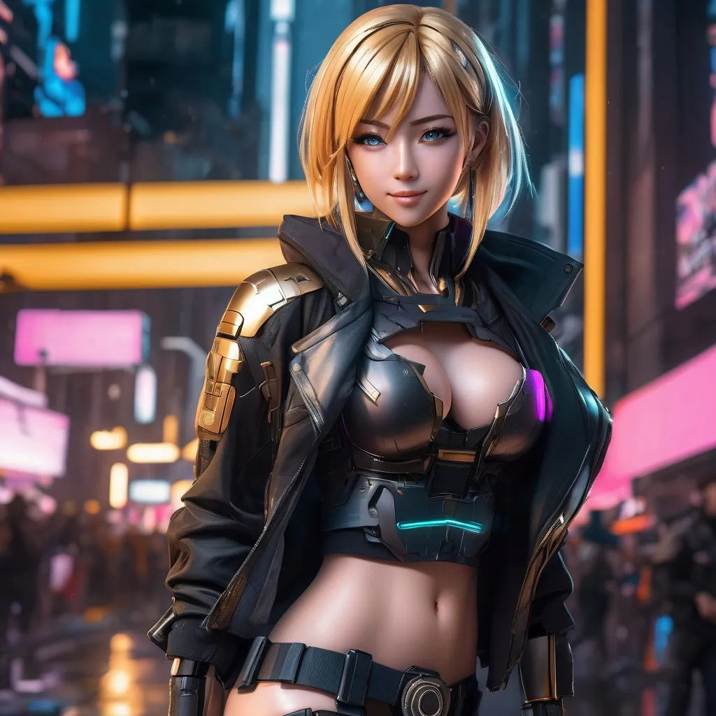 Prompt: extremely realistic, hyperdetailed, cyberpunk theme, golden blonde anime girl, blushing, smiling happily, wears cyberpunk clothing, toned body, showing abs midriff, highly detailed face, highly detailed eyes, full body, whole body visible, full character visible, soft lighting, high definition, ultra realistic, 2D drawing, 8K, digital art