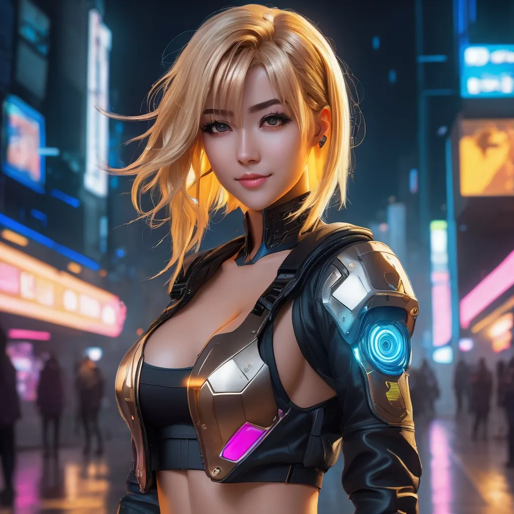 Prompt: extremely realistic, hyperdetailed, cyberpunk theme, golden blonde anime girl, blushing, smiling happily, wears cyberpunk clothing, toned body, showing abs midriff, highly detailed face, highly detailed eyes, full body, whole body visible, full character visible, soft lighting, high definition, ultra realistic, 2D drawing, 8K, digital art