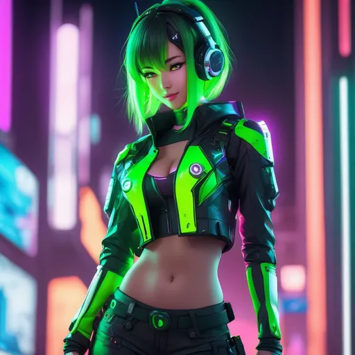 Prompt: extremely realistic, hyperdetailed, cyberpunk theme, neon green anime girl, blushing, smiling happily, wears cyberpunk clothing, toned body, showing abs midriff, highly detailed face, highly detailed eyes, full body, whole body visible, full character visible, soft lighting, high definition, ultra realistic, 2D drawing, 8K, digital art