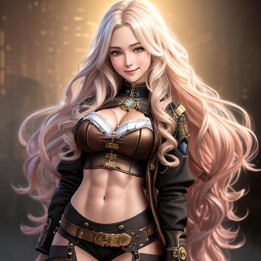 Prompt: extremely realistic, hyperdetailed, steampunk theme, extremely long white wavy hair anime girl, blushing, smiling happily, wears steampunk clothing, toned body, showing abs midriff, highly detailed face, highly detailed eyes, full body, whole body visible, full character visible, soft lighting, high definition, ultra realistic, 2D drawing, 8K, digital art