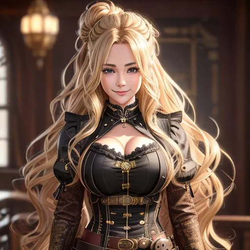 Prompt: extremely realistic, hyperdetailed, steampunk theme, extremely long blonde wavy hair in a messy bun anime girl, blushing, smiling happily, wears steampunk clothing, toned body, showing abs midriff, highly detailed face, highly detailed eyes, full body, whole body visible, full character visible, soft lighting, high definition, ultra realistic, 2D drawing, 8K, digital art