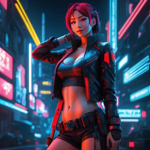 Prompt: extremely realistic, hyperdetailed, cyberpunk theme, neon red anime girl, blushing, smiling happily, wears cyberpunk clothing, toned body, showing abs midriff, full body tattoo, highly detailed face, highly detailed eyes, full body, whole body visible, full character visible, soft lighting, high definition, ultra realistic, 2D drawing, 8K, digital art