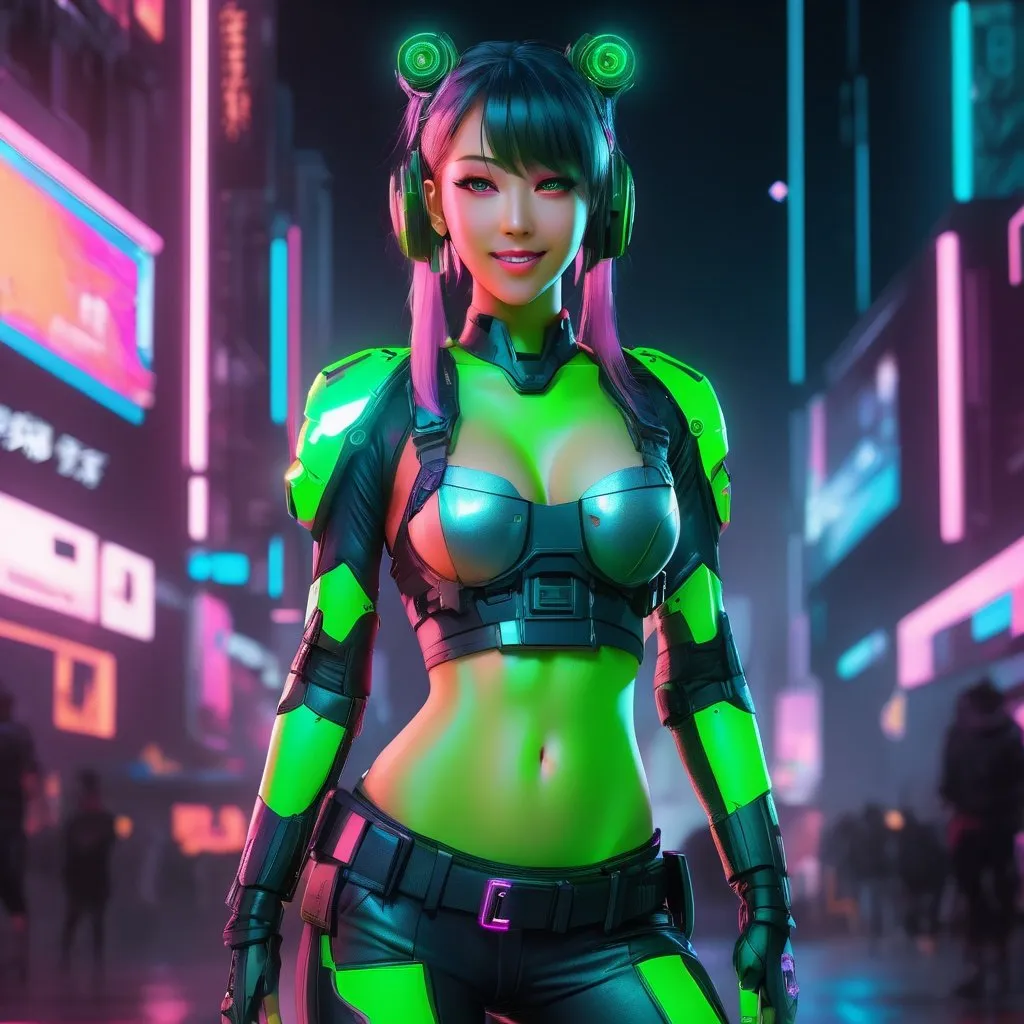 Prompt: extremely realistic, hyperdetailed, cyberpunk theme, neon green anime girl, blushing, smiling happily, wears cyberpunk clothing, toned body, showing abs midriff, highly detailed face, highly detailed eyes, full body, whole body visible, full character visible, soft lighting, high definition, ultra realistic, 2D drawing, 8K, digital art