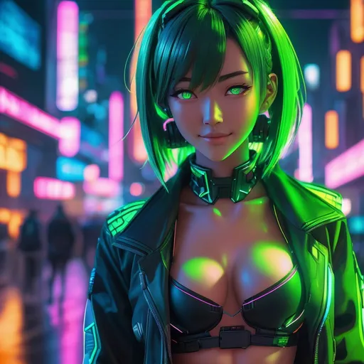 Prompt: extremely realistic, hyperdetailed, cyberpunk theme, neon green anime girl, blushing, smiling happily, wears cyberpunk clothing, toned body, showing abs midriff, highly detailed face, highly detailed eyes, full body, whole body visible, full character visible, soft lighting, high definition, ultra realistic, 2D drawing, 8K, digital art