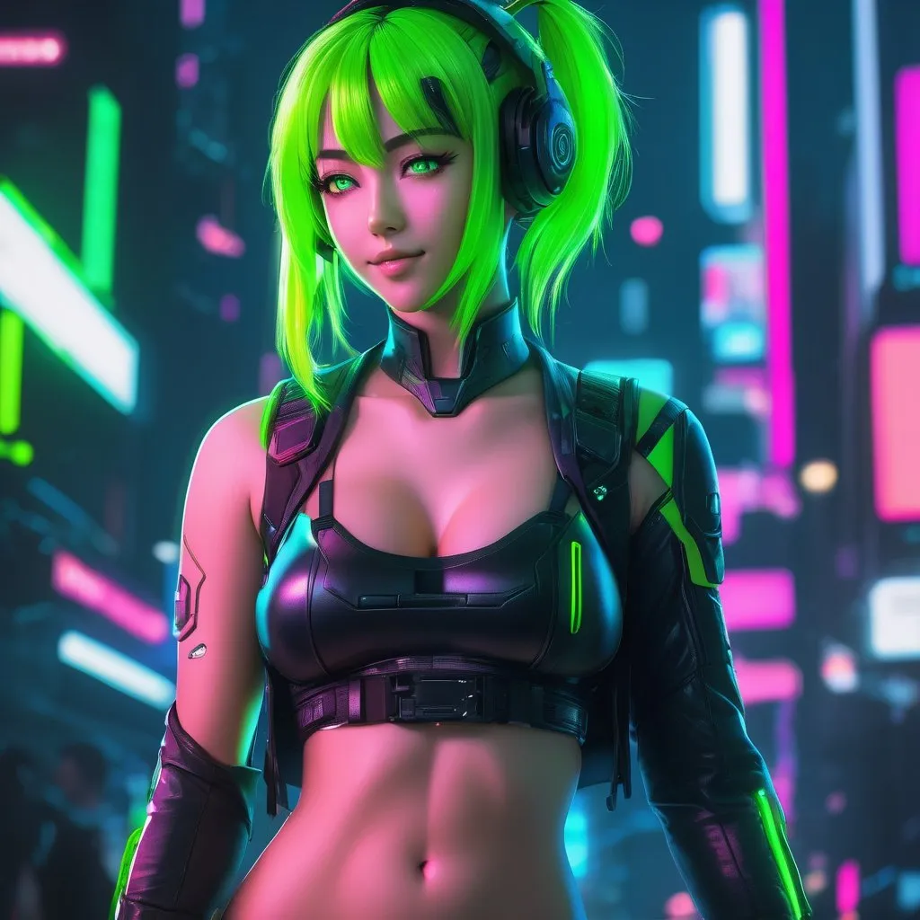 Prompt: extremely realistic, hyperdetailed, cyberpunk theme, neon green anime girl, blushing, smiling happily, wears cyberpunk clothing, toned body, showing abs midriff, highly detailed face, highly detailed eyes, full body, whole body visible, full character visible, soft lighting, high definition, ultra realistic, 2D drawing, 8K, digital art