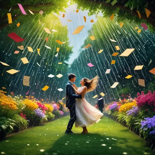 Prompt: (beautiful garden), rain of letters from the sky, people dancing, vibrant colors, whimsical atmosphere, lively movement, lush greenery, dreamy ambiance, soft lighting, cinematic, enchanting scene, magic in the air, joyful expressions, cheerful environment, nature-inspired, capturing playfulness, high quality, ultra-detailed.