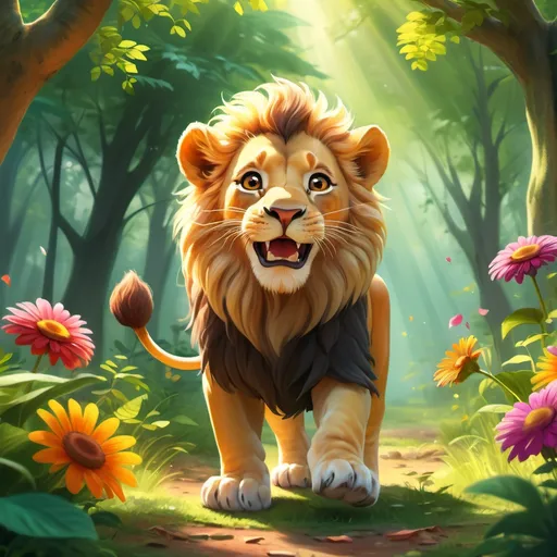 Prompt: (adorable child playing), joyful atmosphere, (majestic lion), vibrant lush forest, sunlight filtering through leaves, soft shadows, lush greenery, colorful flowers, playful interaction, whimsical scene, HD, high detail, cheerful mood, enchanting environment, lively sounds of nature