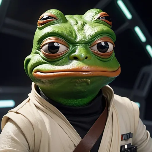 Prompt: Pepe the frog in Star Wars movie, stylized graphic 