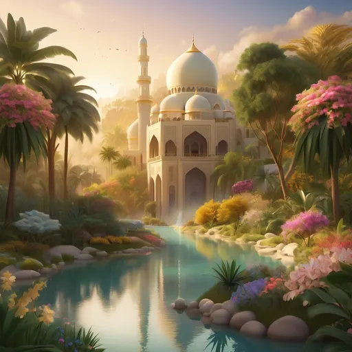 Prompt: Create a beautiful and serene illustration of paradise (Jannah) with lush gardens, flowing rivers, and golden light. Include vibrant flowers, tall trees, and a peaceful atmosphere. Islamic art style, highly detailed, soft colors, and a heavenly vibe."
