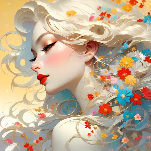 Prompt: A profile of a beautiful girl with extremely long waving hair which is entirely made of tiny flowers in various colors which is decomposing at the end, plump lips, expressive amber eyes with golden specks, pale skin, bright red lipstick, very long curved lashes. Side lightning. White shining background with beautiful reflections. Head and shoulders digital portrait with smooth lines, pastel colors, high resolution, artistic, intricately detailed. Inspired by Adam Hughes, Alberto Seveso and anime.