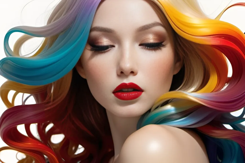 Prompt: A profile of a beautiful girl with extremely long waving hair, entirely made of tiny colorful, which is decomposing at the end, plump lips, expressive amber eyes with golden specks, pale skin, red lipstick, very long curved lashes. Side lightning. White shining background, beautiful reflections. Head and shoulders digital portrait, smooth lines, pastel colors, 8k3D, artistic, intricately detailed. Adam Hughes, Alberto Seveso, anime.