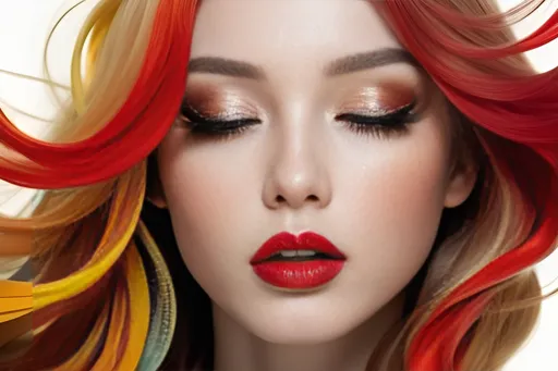 Prompt: A profile of a beautiful girl with extremely long waving hair, entirely made of tiny colorful, which is decomposing at the end, plump lips, expressive amber eyes with golden specks, pale skin, red lipstick, very long curved lashes. Side lightning. White shining background, beautiful reflections. Head and shoulders digital portrait, smooth lines, pastel colors, 8k3D, artistic, intricately detailed. Adam Hughes, Alberto Seveso, anime.