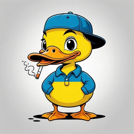 Prompt: a simple cartoon drawing of a cute duck named c.a.d yellow in color he also wears a blue hat and has a cigarette in his mouth. he's also hooked on crack and meth