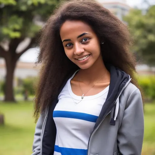 Prompt: A female university student, the university campus, and she is ethiopian.