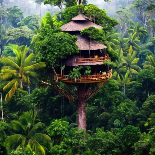 Prompt: In the tropical rain forest, a tree 100 meters high stands out from the surrounding trees. There is a tree house on it.
