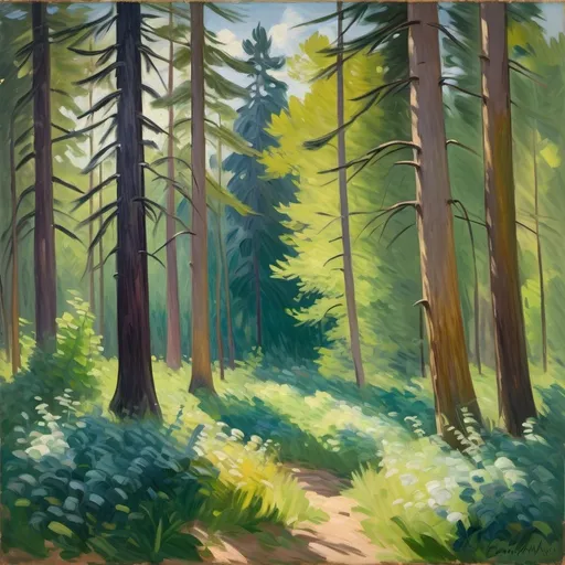 Prompt: Dense cedar forest, vibrant brushstrokes, thick paint application, dappled sunlight, comforting atmosphere, highly impressionist, emotional, oil painting, Edward Manet style, professional, atmospheric lighting, thick texture, highres, vibrant colors, detailed foliage, deep forest, artistic quality with dense ground cover 