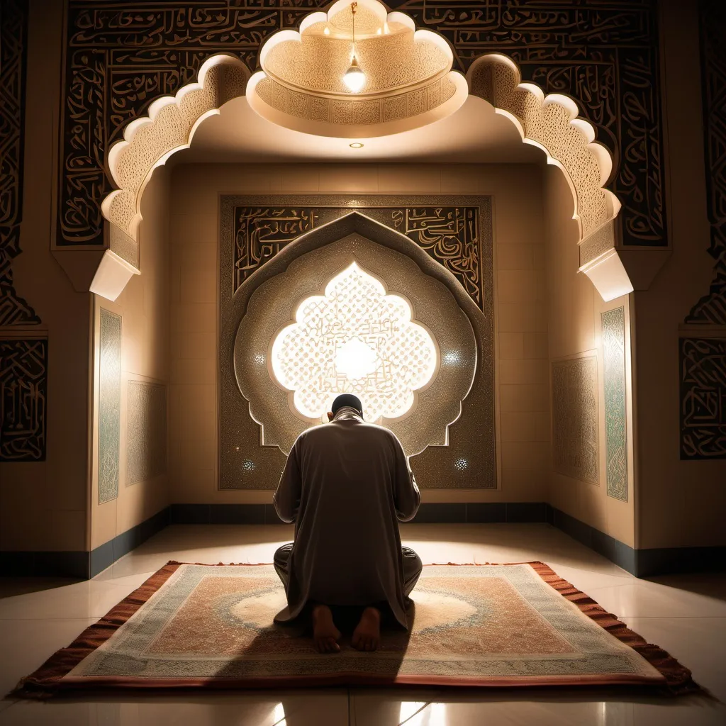 Prompt: A serene image of a Muslim pilgrim praying towards the light in an Islamic mihrab. The pilgrim is kneeling on a prayer rug, facing the mihrab which is bathed in a warm, divine light. The pilgrim's silhouette is visible, holding prayer beads (tasbih) in their hands. The mihrab's intricate Islamic geometric patterns and calligraphy are illuminated by the light. The atmosphere is peaceful and spiritual, capturing the essence of devotion and connection to the divine.