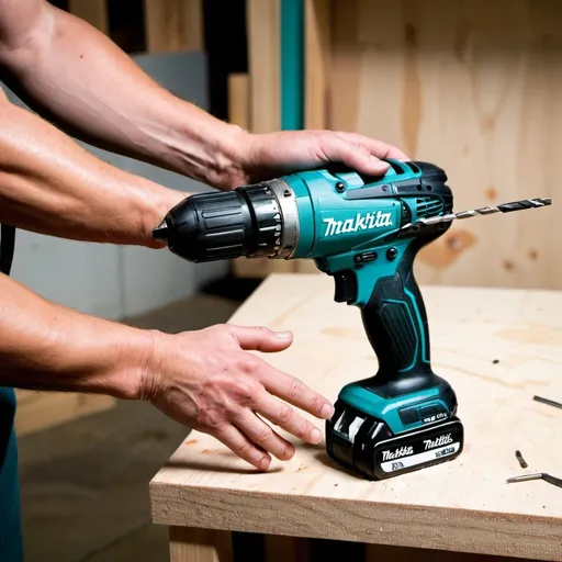 Prompt: Makita drill with fingers as drill bit