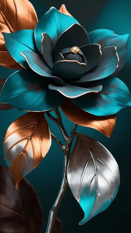 Prompt: Detailed digital illustration of a black gardenia, teal and bronze leaf pads cascading in the wind, vibrant and regal, 4k ultra-detailed, digital painting, vibrant color palette, dramatic lighting, intense, powerful presence, silver-white symbols with warm highlights, strong and confident, illustration, majestic, royal essence, fiery and warm tones, professional quality