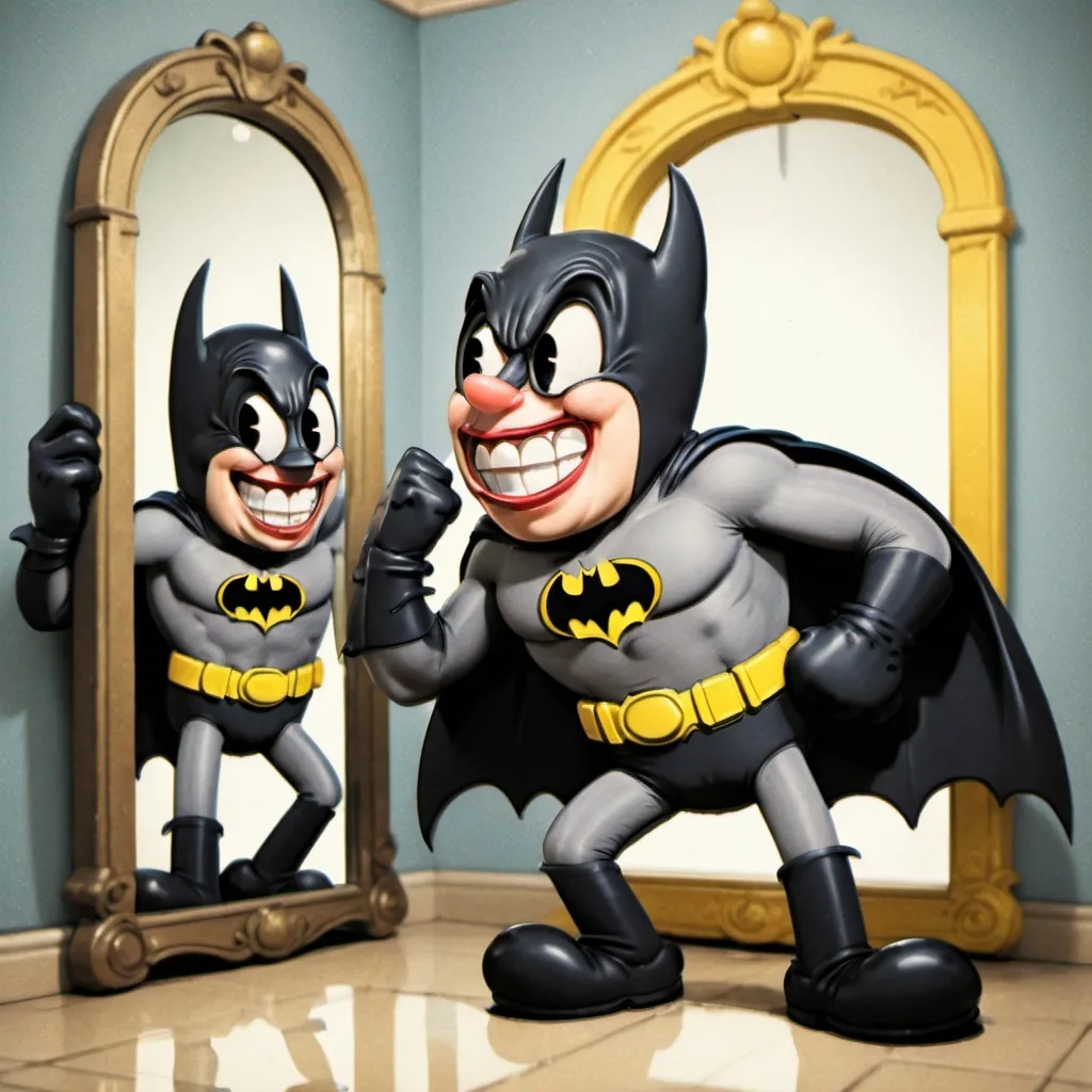 Prompt: Batman laughing at a mirror by looking himself 