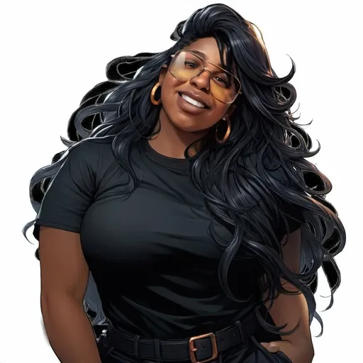 Prompt: a black woman with long black hair and glasses on her face and a black shirt on her shoulders and a belt around her waist, Ella Guru, underground comix, comic cover art, a character portrait