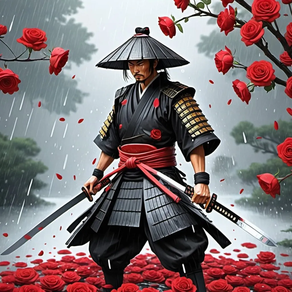 Prompt: create a cartoon, samurai with sword rain falling down with red roses in the back ground