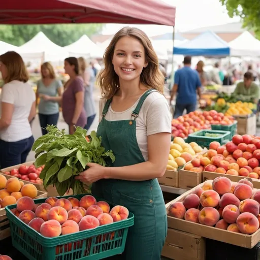 Prompt: Farmer's Market Scene
Scene: Vibrant farmer's market overflowing with colorful fruits and vegetables. Lush greenery from plants and leafy greens adds to the vibrant atmosphere. People browse and shop, creating a bustling scene filled with the sweet aroma of fresh produce and lively conversation.

Camera Angle: Start with a wide shot, panning left to right to capture the overall market atmosphere.

Main Actor: Introduce a young woman (late 20s, early 30s) entering the market from the right side, dressed casually with a bright smile. She carries a reusable shopping bag.

Actions: Show the woman:

Walking at a leisurely pace, browsing stalls with a friendly smile.
Stopping at a fruit stand, picking up and examining a peach (close-up shot).
Engaging with a friendly vendor at a vegetable stand (handshake, conversation).
Interacting naturally with the produce (picking up an apple, sniffing herbs, admiring tomatoes).
Leaving the market with a satisfied smile, exiting the frame on the left side.
Overall Tone: Capture a positive and enriching experience at the farmer's market. Show the woman's genuine connection with the fresh produce and the vibrant market atmosphere.

Additional Details:

Emphasize the abundance and vibrant colors of fruits and vegetables throughout the scene.
Use sunlight and clear skies to create a visually appealing and inviting atmosphere.