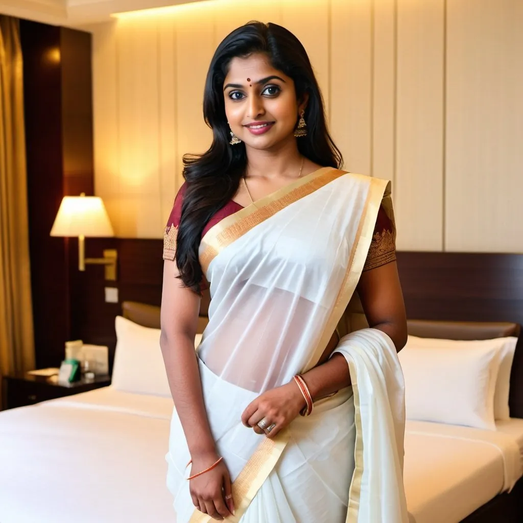 Prompt: I am trying to sell white bedsheets for the hotel industry. Please generate an image with a beautiful south indian girl wearing a saree and standing next to a bed with white bedsheets in a 5 star luxury hotel suite