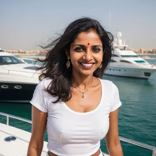 Prompt: A beautiful slim  mature south Indian lady with brown skin, black hair standing on a yacht in Dubai, United Arab Emirates with DJ playing in the background. Drinks with lobsters in the background on the yacht deck. Sea can be seen with other yachts also seen. It should look like Dubai. The lady is enjoying and smiling. Her hair is flying with the wind. She is wearing a micro mini shorts and a short white top. .   