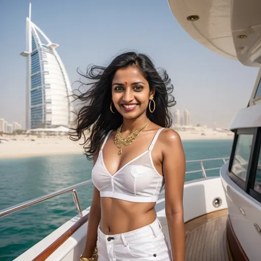 Prompt: A beautiful slim  mature south Indian lady with brown skin, black hair standing on a yacht in Dubai, United Arab Emirates with DJ playing in the background. Drinks with lobsters in the background on the yacht deck. Sea can be seen with other yachts also seen. It should look like Dubai. The lady is enjoying and smiling. Her hair is flying with the wind. She is wearing a transparent micro mini shorts and a short  transparent wet white top. Her stomach is seen clearly. She has a thin gold chain around her stomach. She has navel piercing. Burj Al Arab is behind her on the yacht. 