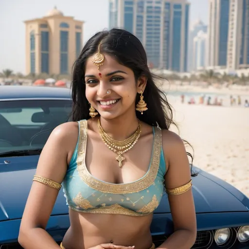 Prompt: A beautiful south indian girl. Slim body. Wearing a wet white transparent saree. She has black hair and a thin  gold chain around her neck with a thin cross. she has a tattoo TONY on her left hand. She has 5 rings on her finger and a thin gold chain around her arms. She has navel piercing. She has brown skin. her saree is not worn on top half  . Her legs are seen clearly. both her arms and her stomach is seen clearly. She is laughing. she is sitting on top of the bonnett of a dark blue dodge challenger sxt 2015 year car . . The background is a beach hotel in dubai. the girls dress is so transparent that her entire nody is seen 
