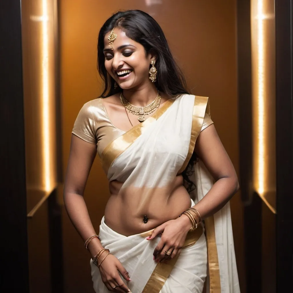 Prompt: Background is a night club in Dubai . There is a very  beautiful mature  south indian girl. slim body , brown skinned with a tattoo on both hands. She  has rings on her fingers, thin gold chain with a cross around her neck and a thin gold chain around her stomach. She has navel piercings.  She is  wearing a white wet saree so transparent that her body is seen clearly.  She is laughing. Her saree is open completely and saree is not worn on the upper half of the body . Her stomach and her legs  is seen clearly . She is  pulling her head a little back and towards the camera smiling .  .