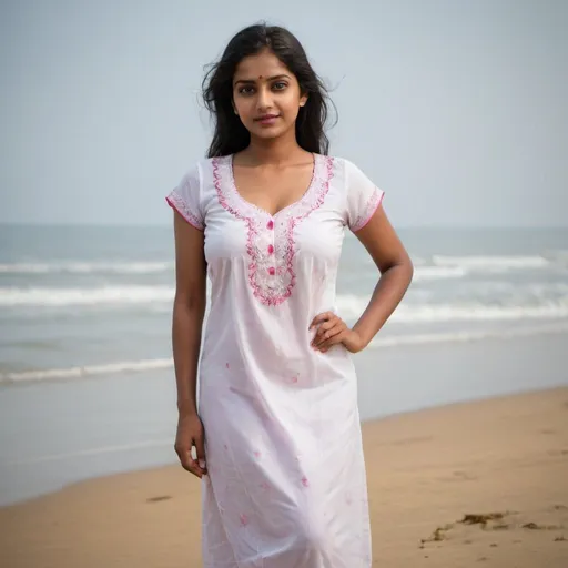 Prompt: Please create a Beautiful south indian girl's image  wearing a nighty . I need this image to display to sell my product. I have a wholesale shop in India for nighty. The background of the picture can be Beach at kerala. 