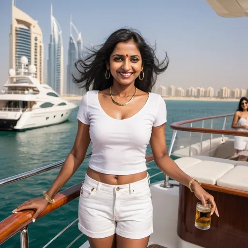 Prompt: A beautiful slim  mature south Indian lady with brown skin, black hair standing on a yacht in Dubai, United Arab Emirates with DJ playing in the background. Drinks with lobsters in the background on the yacht deck. Sea can be seen with other yachts also seen. It should look like Dubai. The lady is enjoying and smiling. Her hair is flying with the wind. She is wearing a micro mini shorts and a short white top. .   