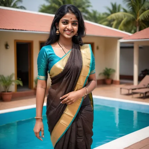 Prompt: Beautiful brown skin south indian girl with black hair and wearing blouse ( blouse is what you wear beneath a saree )covered in baby oil with smile standing by the swimming pool bending down and spreading her legs . 